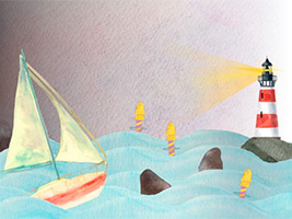Akvarellipiirros, jossa purjevene seilaa aallokossa kohti majakkaa.